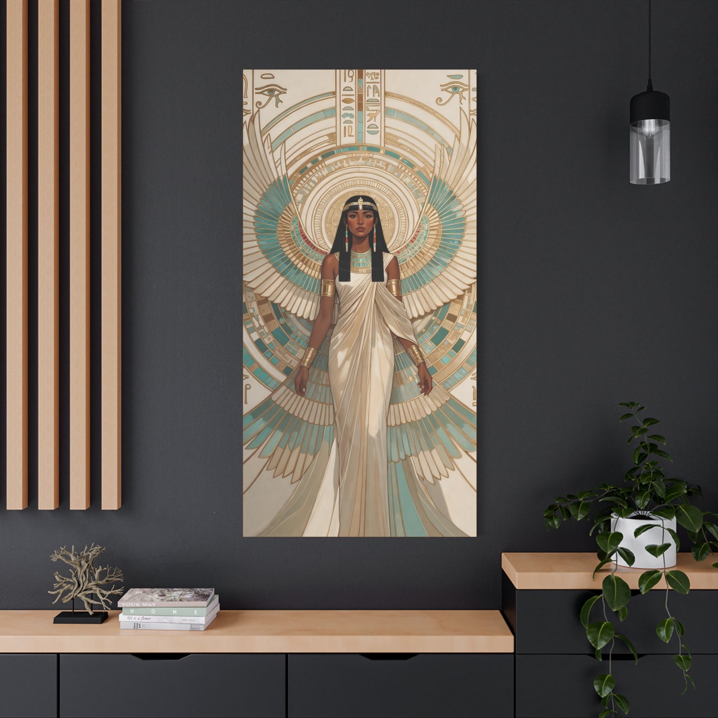 Egyptian goddess Isis wings teal and gold canvas in luxury feminine living room with brass details