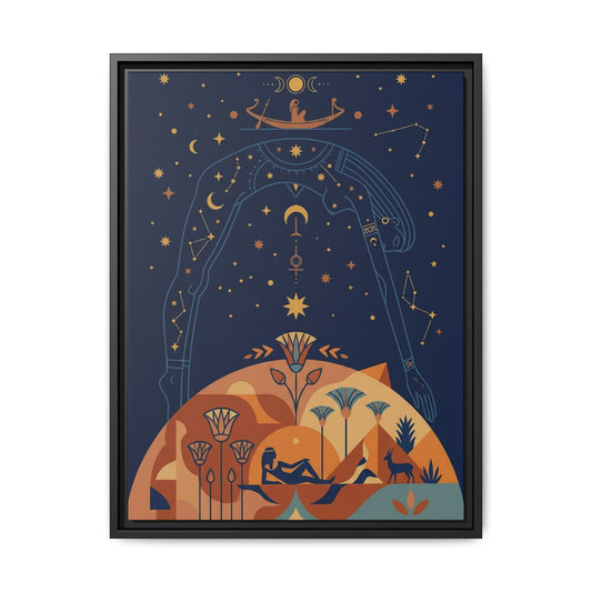 Cosmic Egyptian sky goddess Nut canvas above queen bed in luxury master bedroom interior