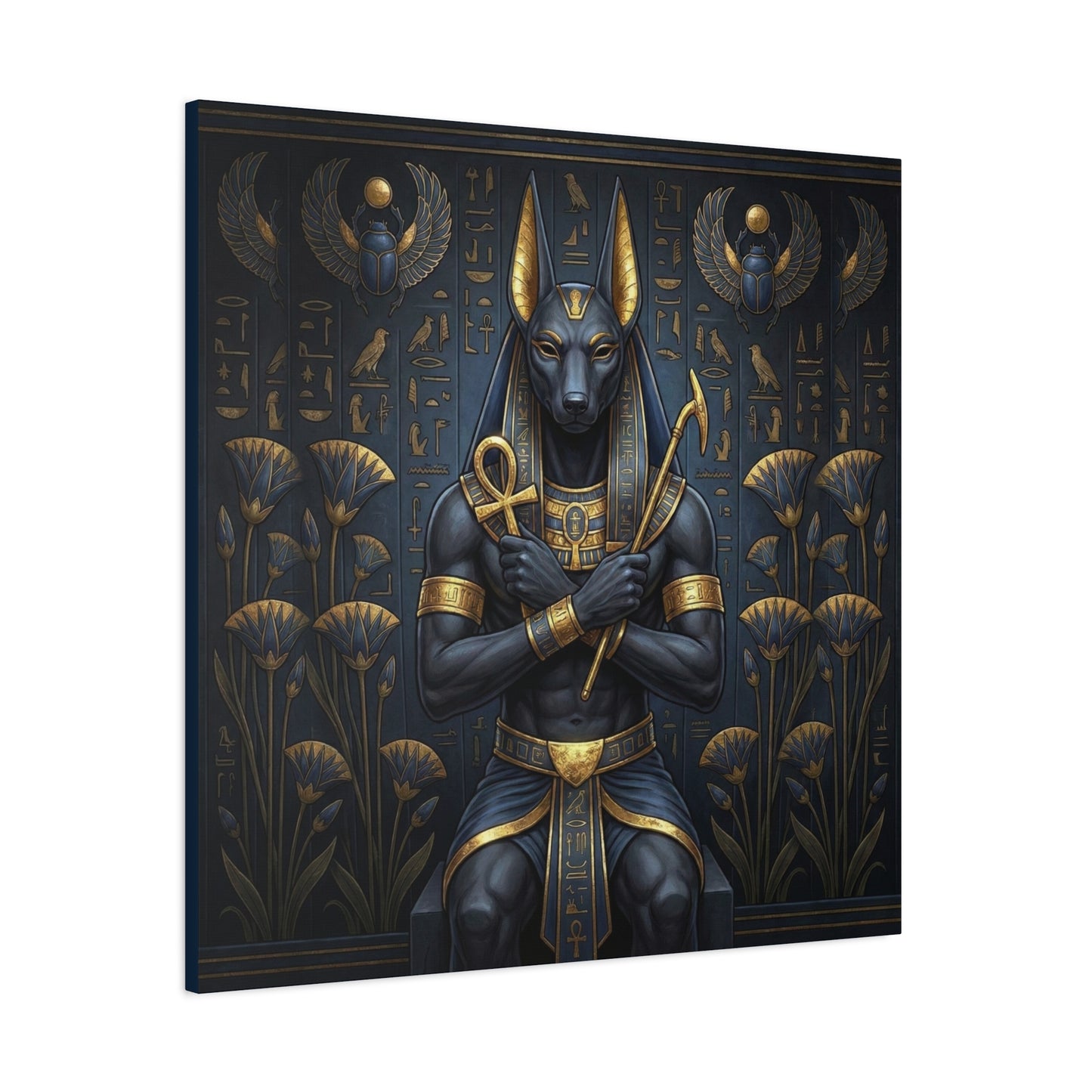 Anubis Egyptian god canvas in modern bedroom — luxury jackal guardian wall art