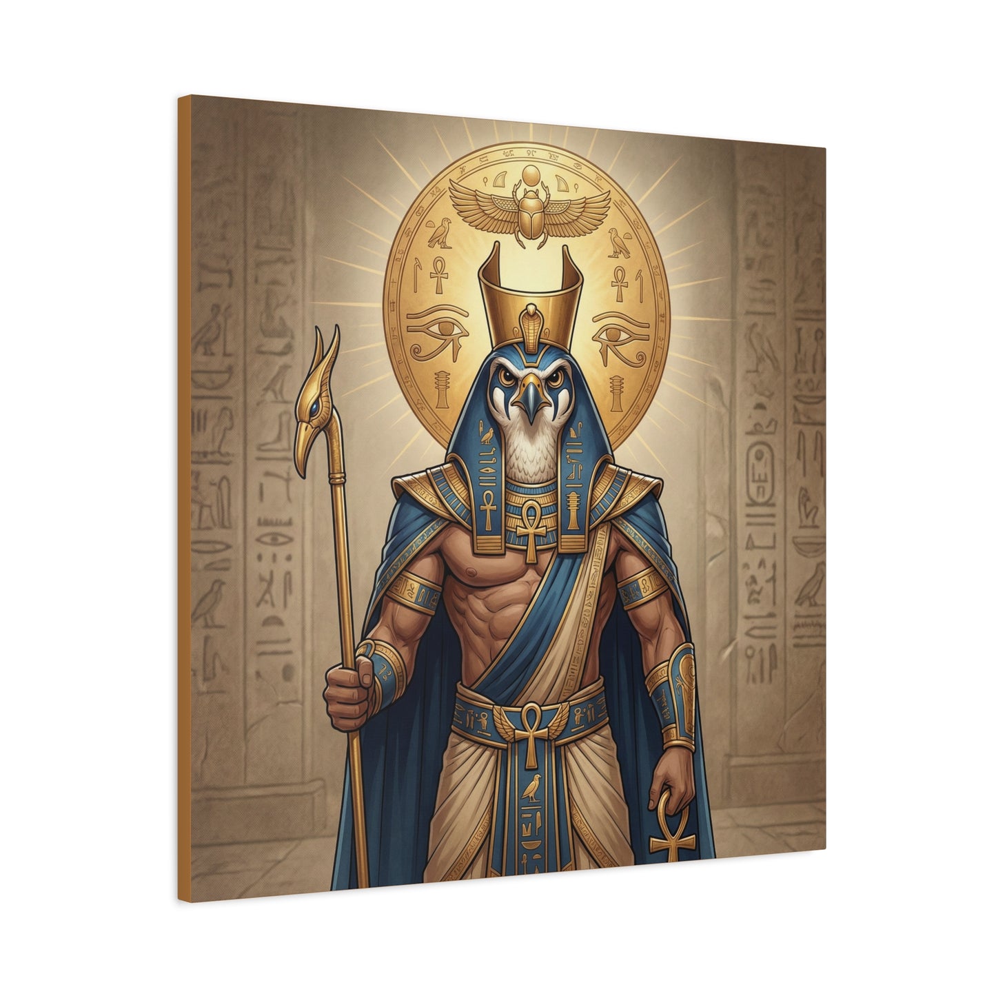Divine masculine Horus sun disc canvas in modern bedroom above mid century dresser