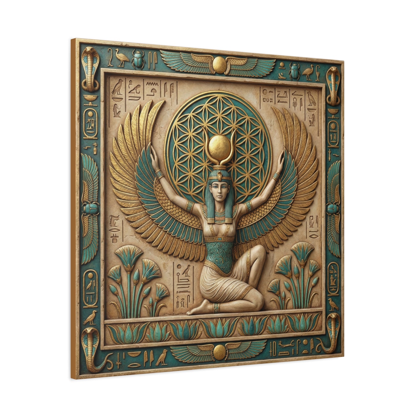 Isis wings of protection canvas in modern feminine living room above linen sofa with boho decor
