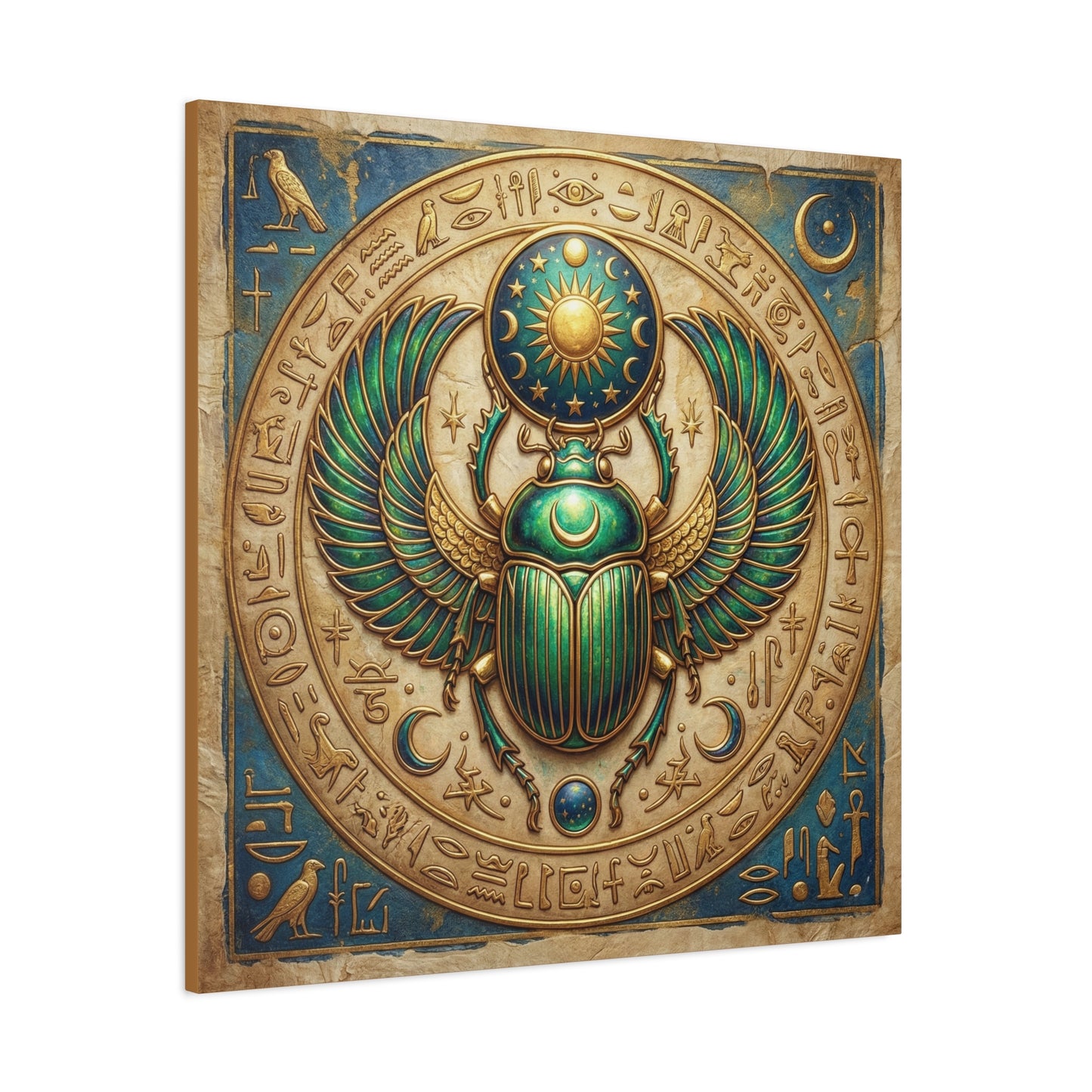 Sacred scarab Egyptian protection canvas in dining room with rattan pendant