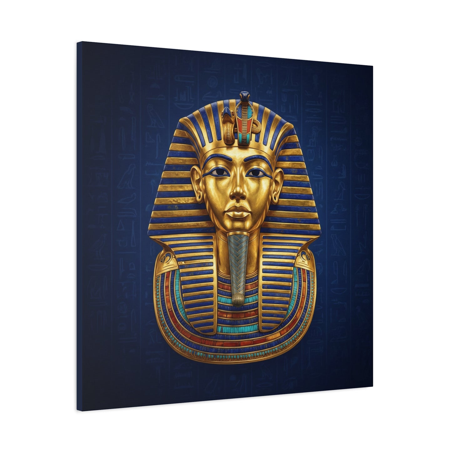 Tutankhamun Egyptian canvas in entryway with brass mirror — luxury statement wall art