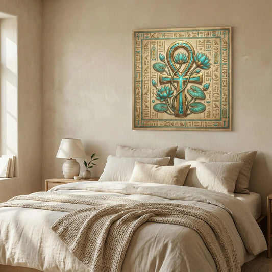 Ankh and lotus Egyptian canvas wall art for a spiritual home