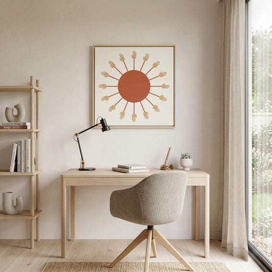 Japandi living room with earthy Egyptian canvas wall art and warm minimalist decor