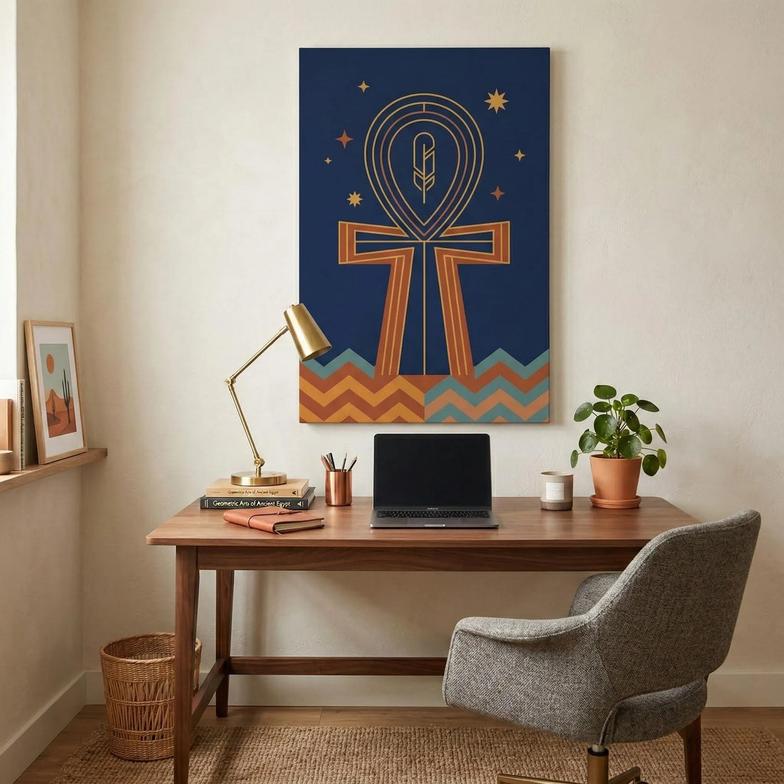 Ankh and Ma'at feather Egyptian canvas wall art for a focused home office above a desk