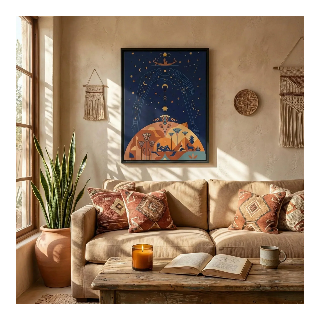Three coordinated Egyptian canvas prints arranged as a gallery wall