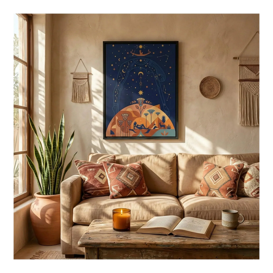 Three coordinated Egyptian canvas prints arranged as a gallery wall