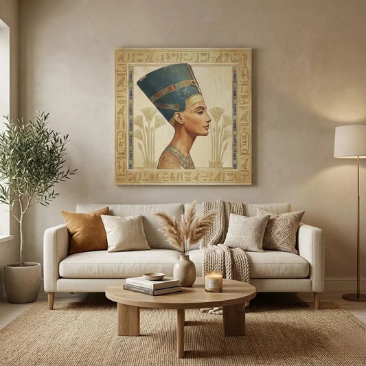 Egyptian canvas wall art arranged above a sofa to illustrate the correct sizing