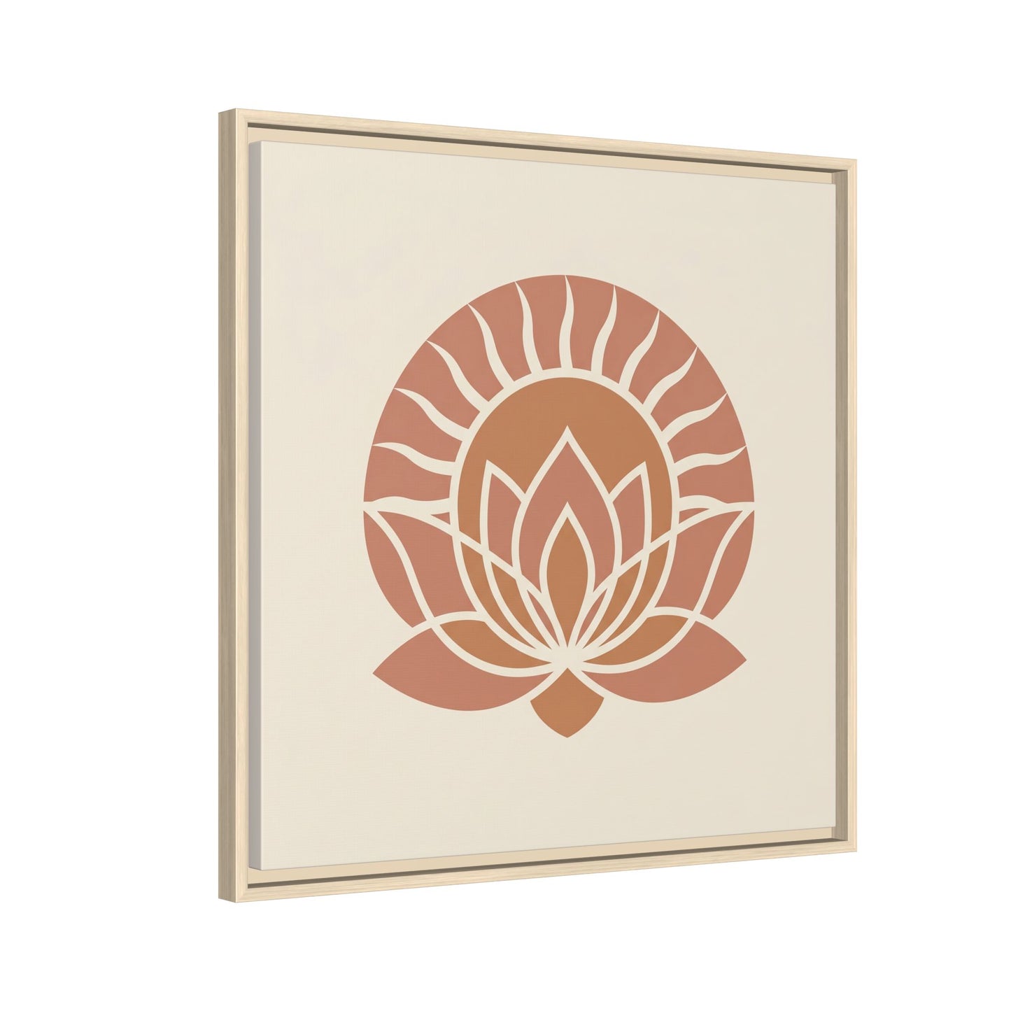 Egyptian sun and lotus canvas in modern dining room with rattan pendant and Japandi earthy decor