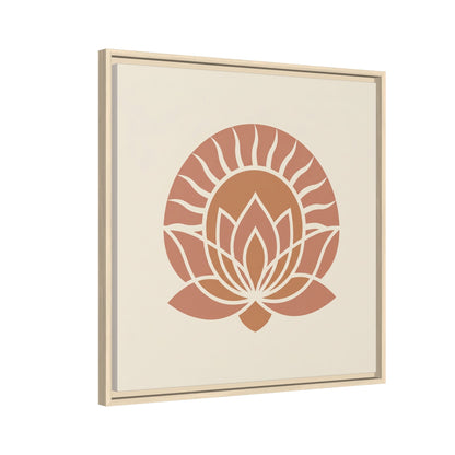 Egyptian sun and lotus canvas in modern dining room with rattan pendant and Japandi earthy decor