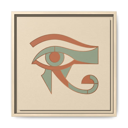 Spiritual Eye of Horus canvas above yoga mat in meditation corner — Kemetic sacred geometry