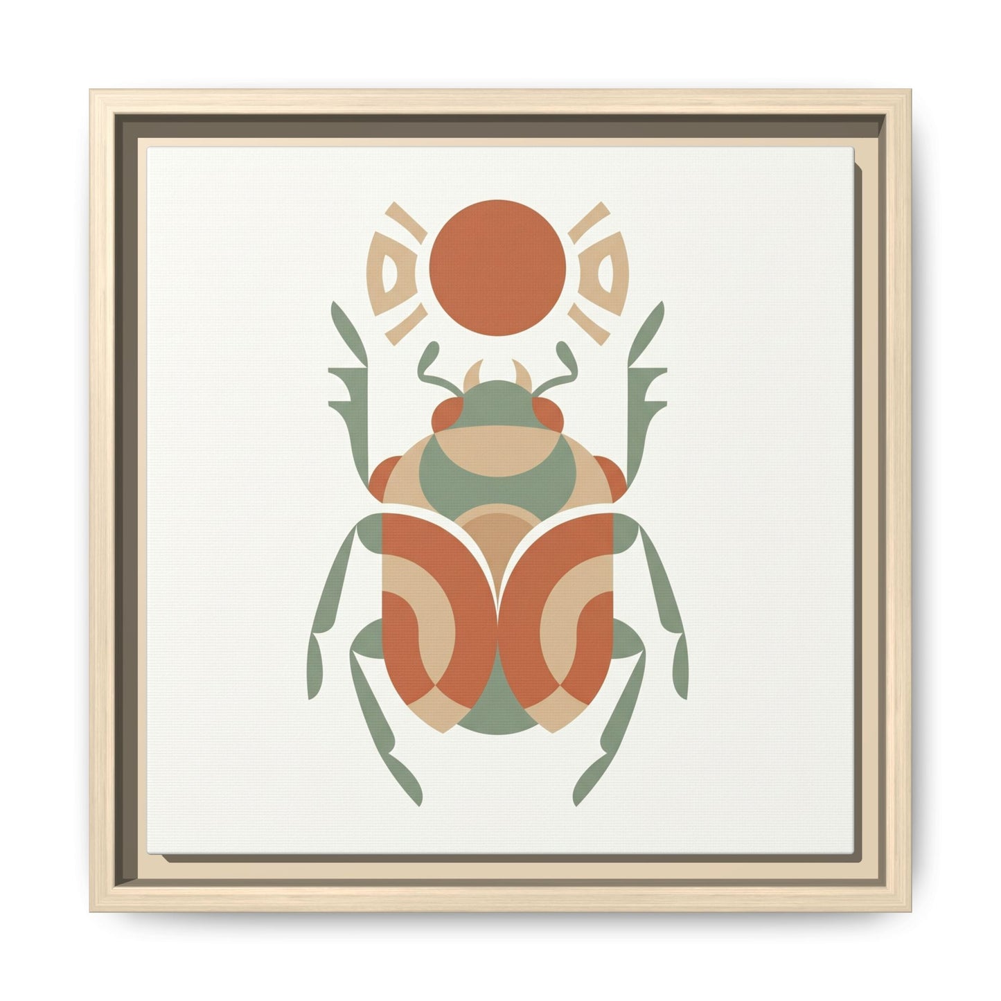 Khepri Egyptian scarab canvas hung above mid century modern dresser in warm neutral bedroom