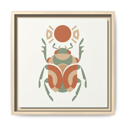 Khepri Egyptian scarab canvas hung above mid century modern dresser in warm neutral bedroom