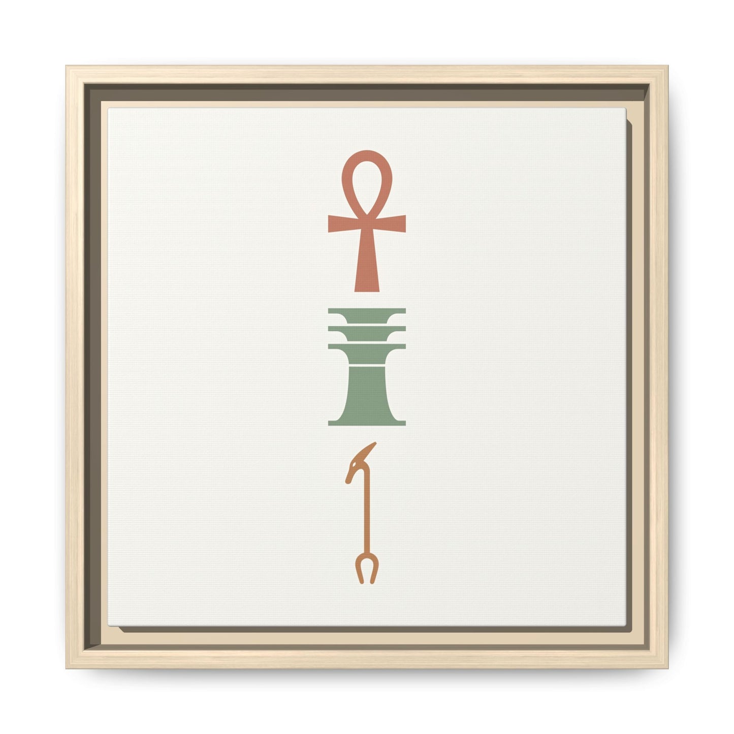 Ankh trinity Egyptian canvas hung above mid century modern dresser in warm neutral bedroom