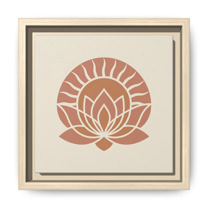 Egyptian sun and lotus canvas styled above linen sofa in warm neutral living room with boho decor