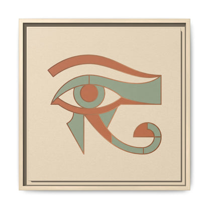 Japandi Wadjet Egyptian canvas above bed in minimalist warm neutral bedroom interior design