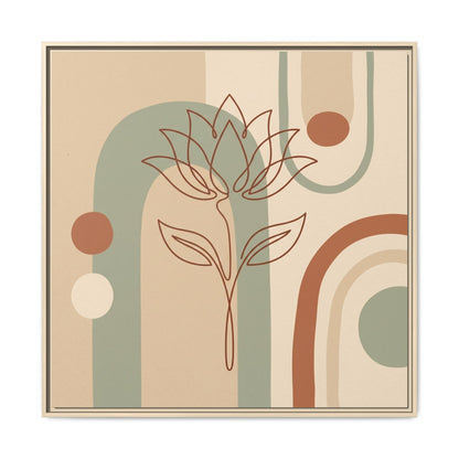 Wabi sabi Egyptian lotus canvas in reading nook with linen armchair and warm minimalist decor