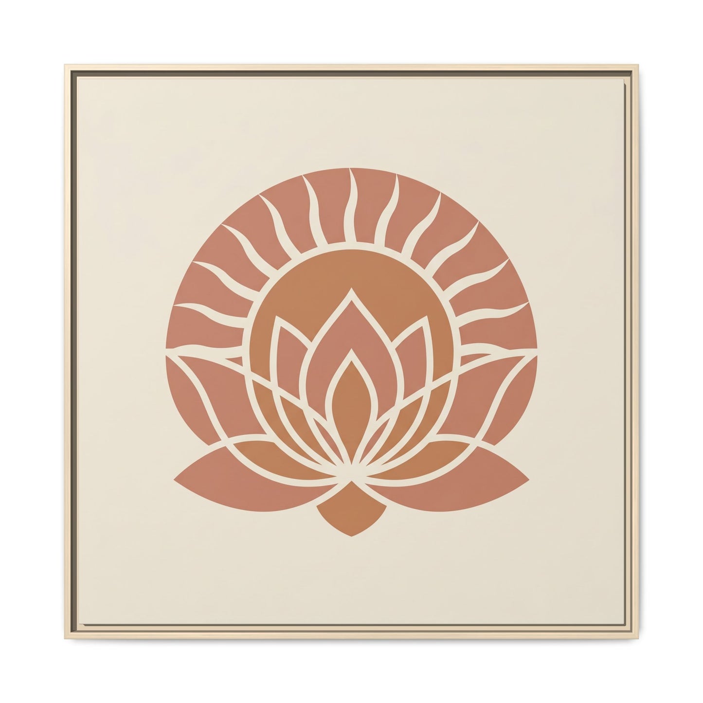 Wabi sabi sun and lotus canvas in reading nook with linen armchair and warm minimalist decor