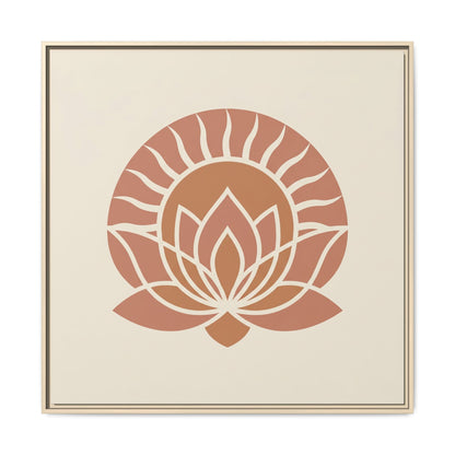 Wabi sabi sun and lotus canvas in reading nook with linen armchair and warm minimalist decor