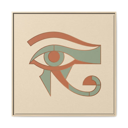 Wabi sabi Eye of Horus Wadjet canvas in reading nook with linen armchair and warm minimalist decor