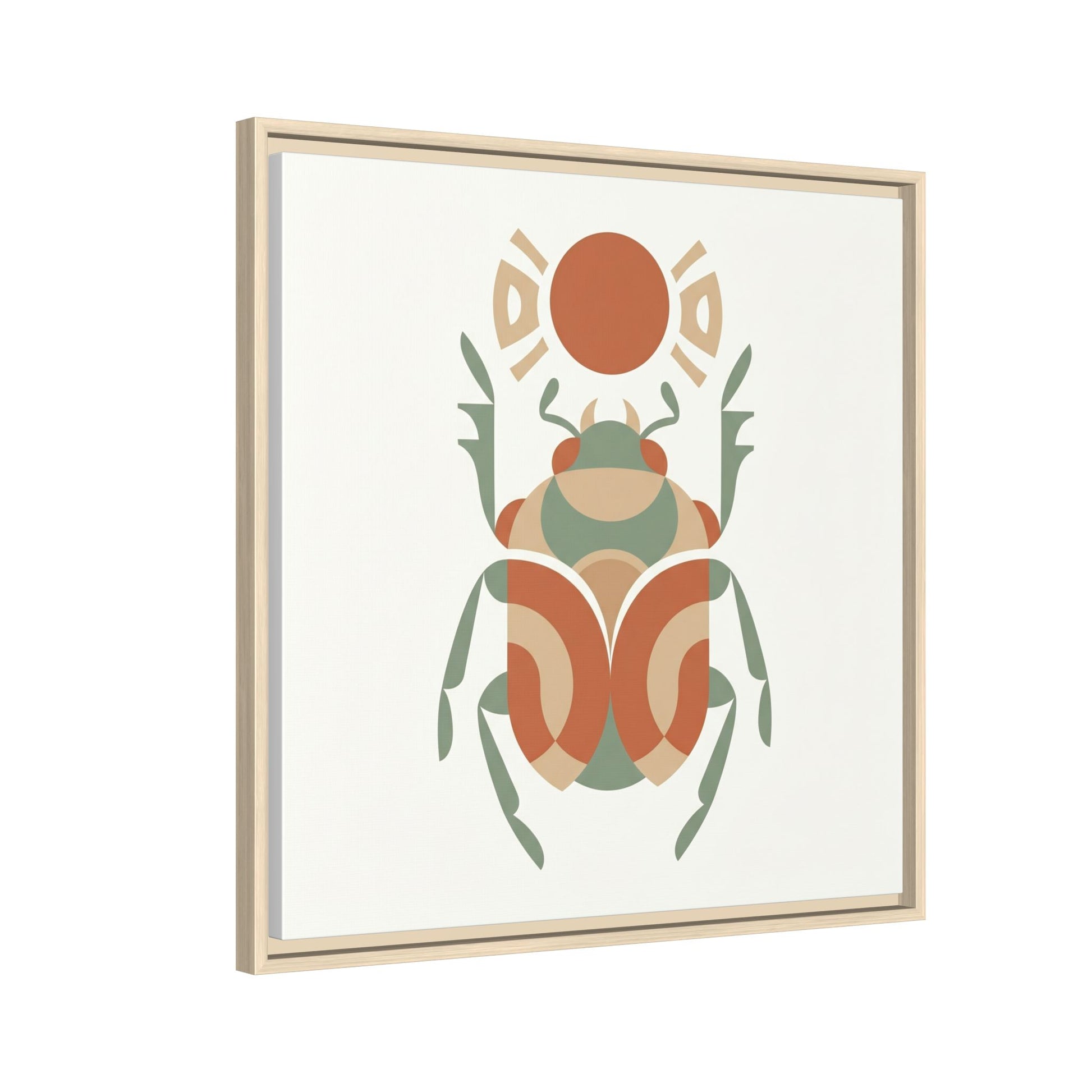Egyptian scarab Khepri canvas in modern dining room with rattan pendant and Japandi earthy decor