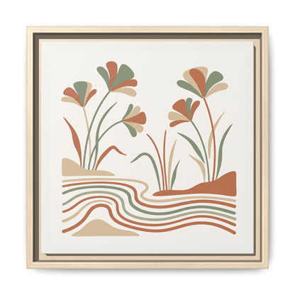 Botanical Egyptian papyrus canvas above meditation cushion in calming biophilic interior