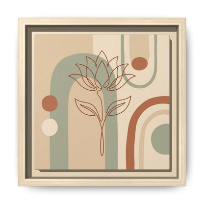 Egyptian lotus canvas styled above linen sofa in warm neutral living room with boho minimalist decor