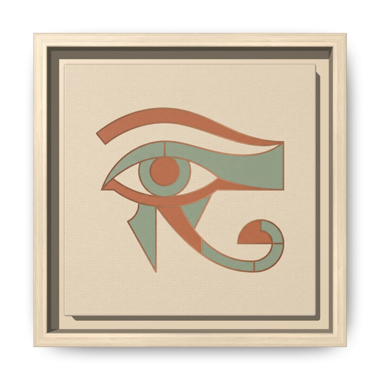 Wadjet Eye of Horus styled above linen sofa in warm neutral living room with boho minimalist decor