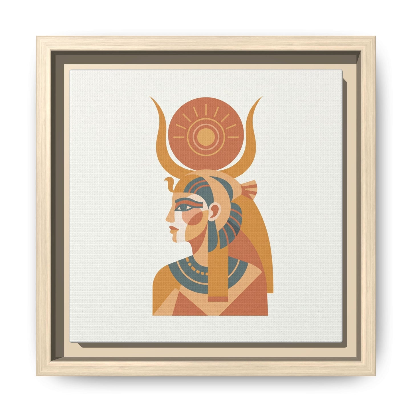Hathor goddess canvas styled above linen sofa in warm neutral living room with boho minimalist decor