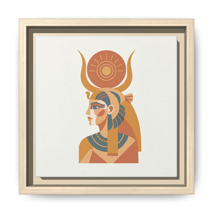 Hathor goddess canvas styled above linen sofa in warm neutral living room with boho minimalist decor