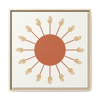 Egyptian sun disc Aten canvas print hung above oak desk in minimalist Japandi home office workspace