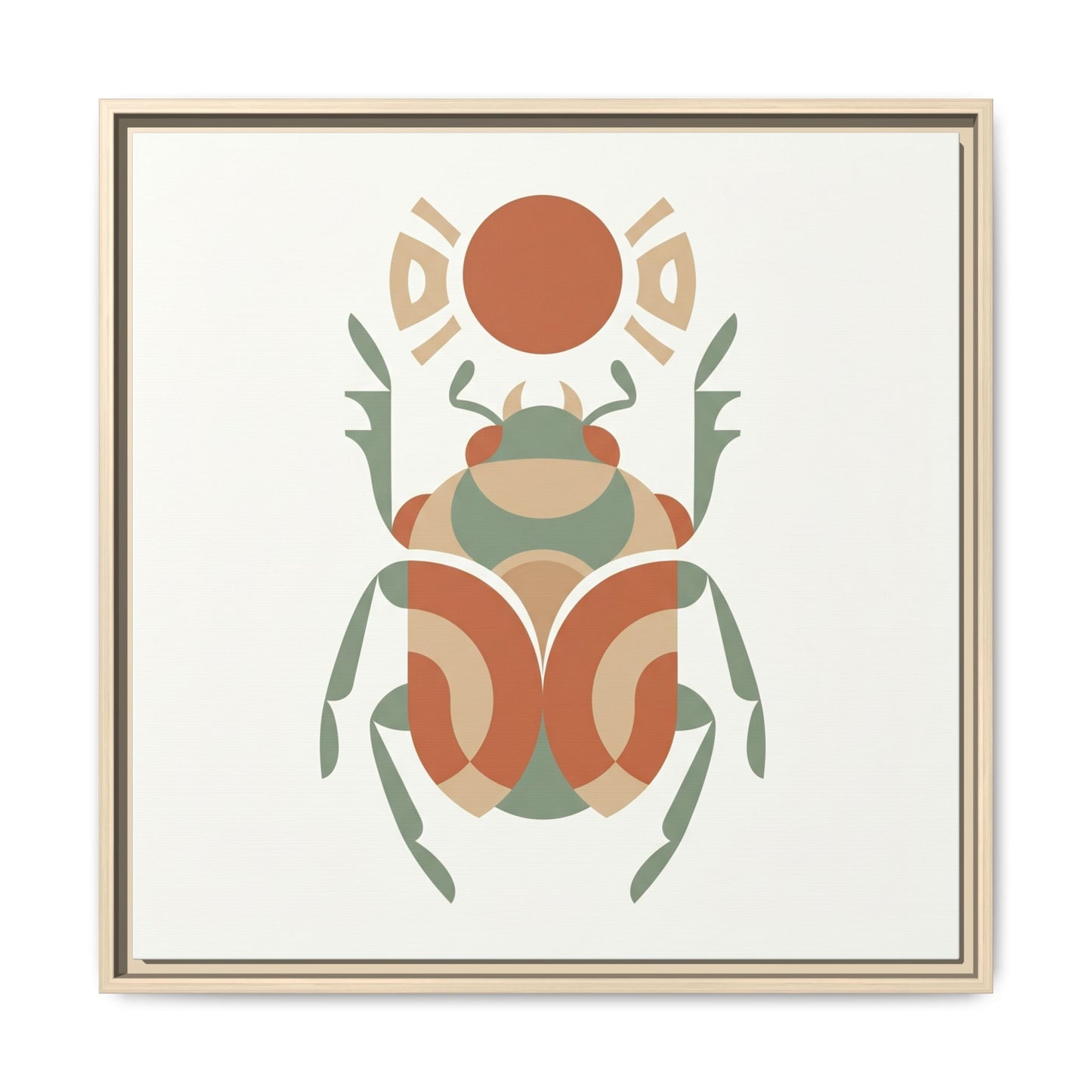Egyptian scarab Khepri canvas hung behind oak desk in modern Japandi home office workspace