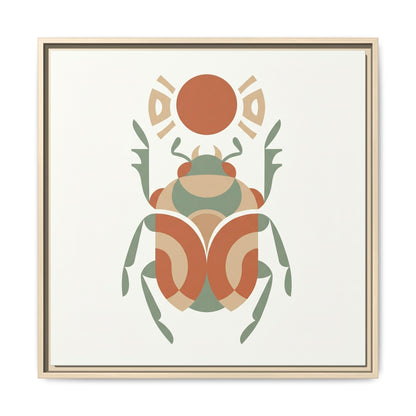 Egyptian scarab Khepri canvas hung behind oak desk in modern Japandi home office workspace