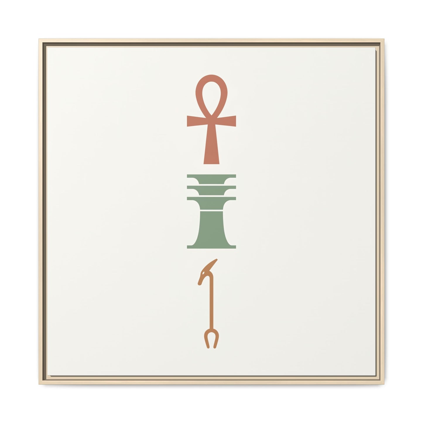 Wabi sabi Egyptian Ankh canvas in reading nook with linen armchair and warm minimalist decor