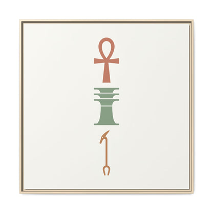 Wabi sabi Egyptian Ankh canvas in reading nook with linen armchair and warm minimalist decor