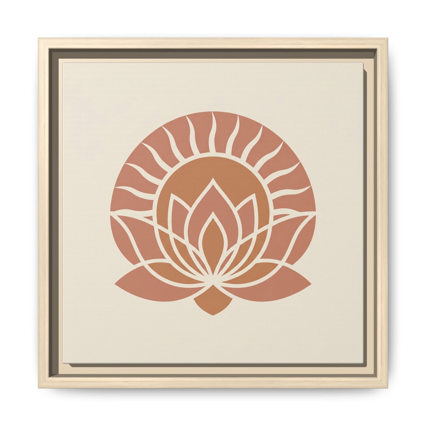 Pharaonic Dawn sun lotus canvas hung above mid century modern dresser in warm neutral bedroom