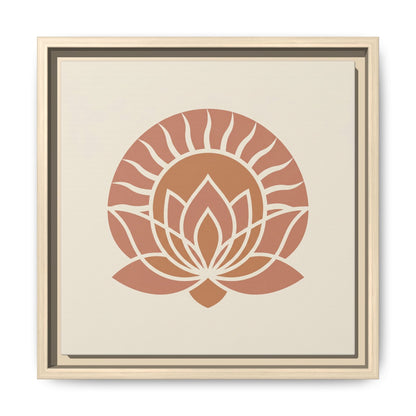 Pharaonic Dawn sun lotus canvas hung above mid century modern dresser in warm neutral bedroom