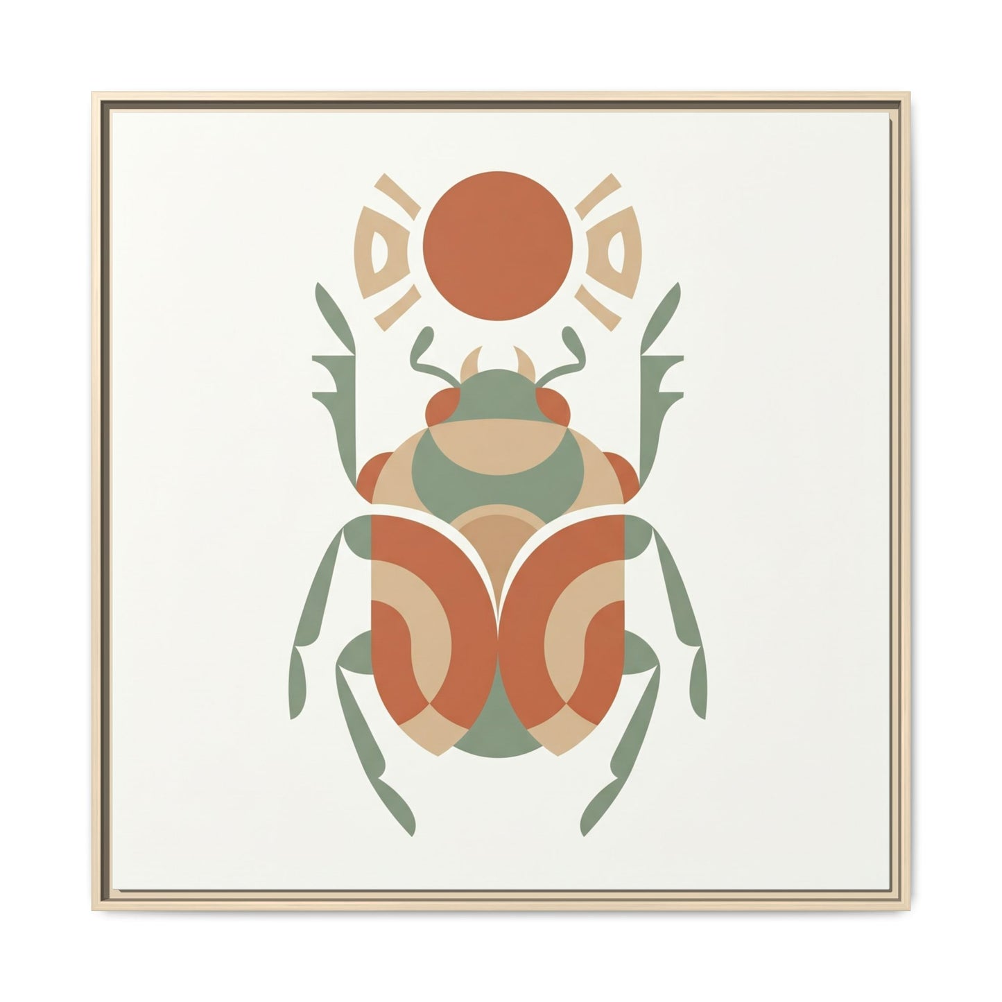 Wabi sabi Egyptian scarab canvas in reading nook with linen armchair and warm minimalist decor
