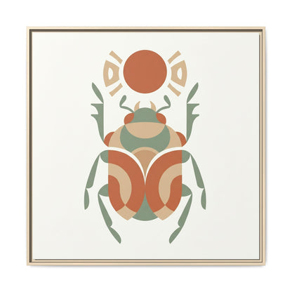 Wabi sabi Egyptian scarab canvas in reading nook with linen armchair and warm minimalist decor