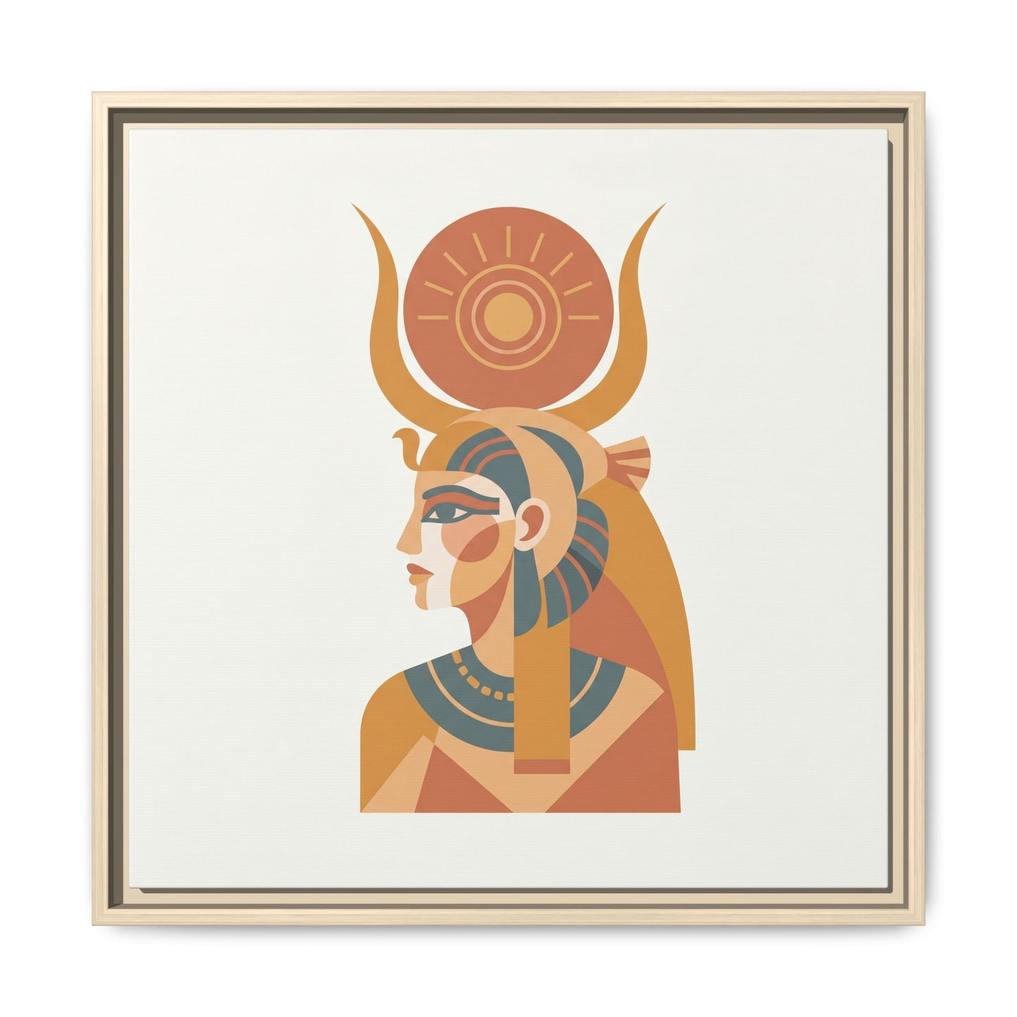 Hathor Egyptian goddess canvas above feminine workspace desk — earthy pharaonic harmony collection
