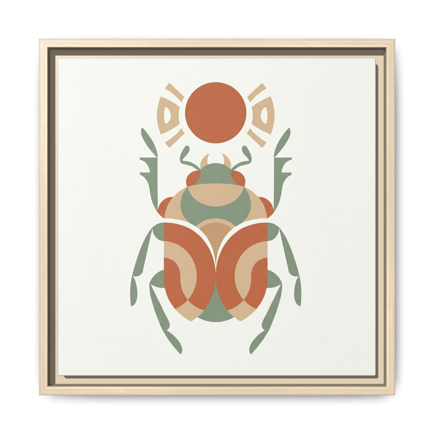 Japandi Egyptian scarab Khepri canvas above bed in minimalist warm neutral bedroom interior design