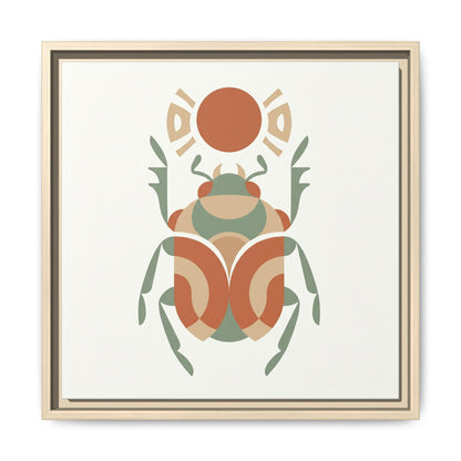 Japandi Egyptian scarab Khepri canvas above bed in minimalist warm neutral bedroom interior design