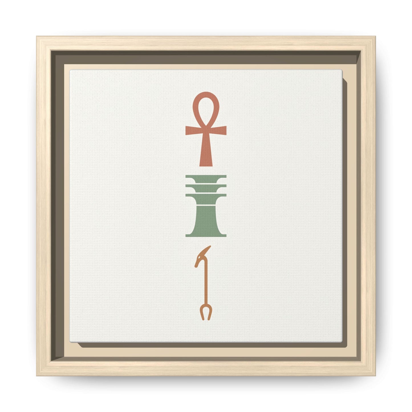 Ankh Djed Was symbols canvas styled above linen sofa in warm neutral living room with boho decor