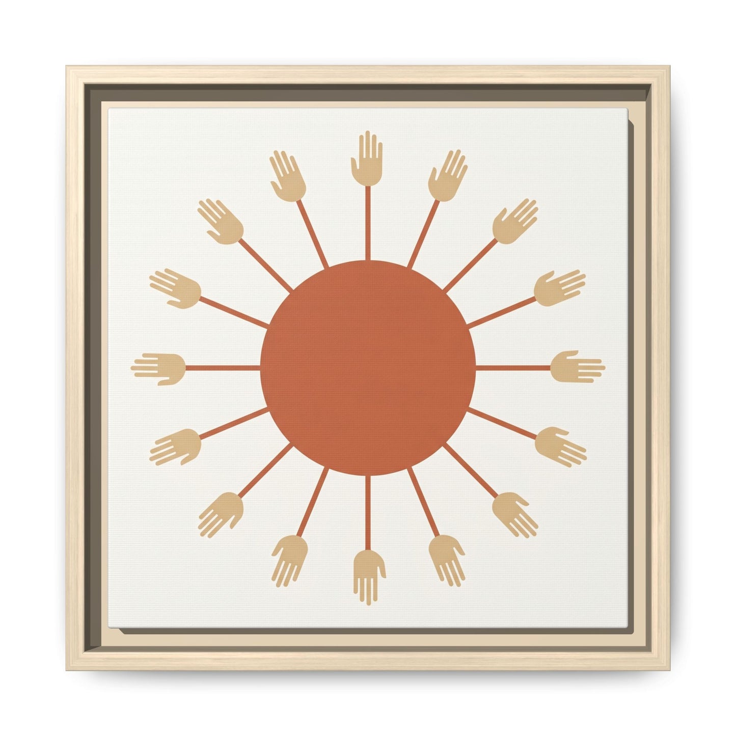 Aten sun rays minimalist Egyptian canvas hung above mid century modern dresser in warm neutral bedroom