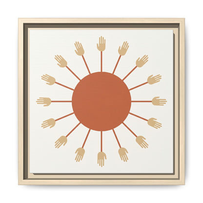 Aten sun rays minimalist Egyptian canvas hung above mid century modern dresser in warm neutral bedroom