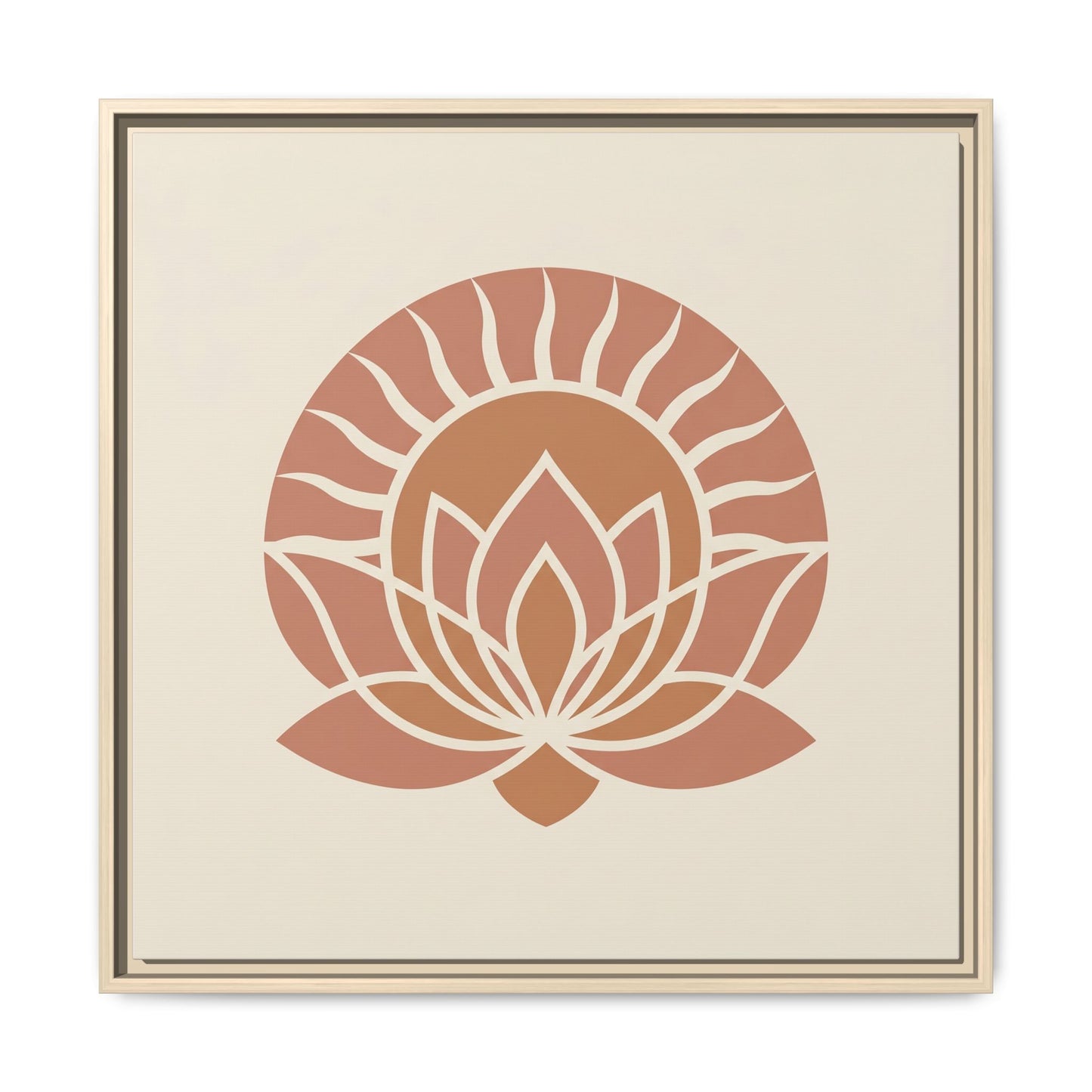 Egyptian sunrise lotus canvas hung above queen bed in calming Japandi minimalist bedroom interior