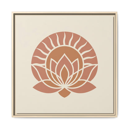Egyptian sunrise lotus canvas hung above queen bed in calming Japandi minimalist bedroom interior