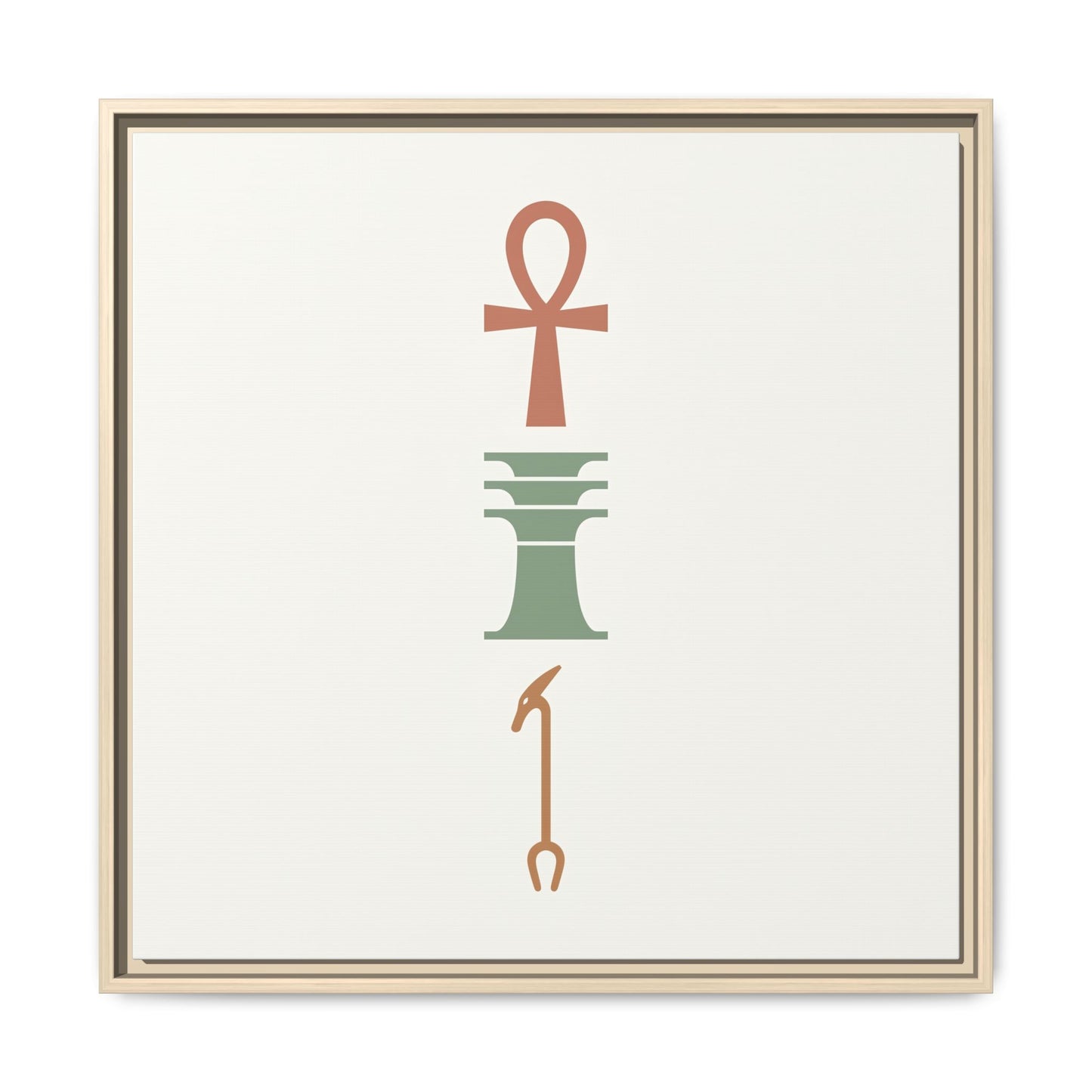 Egyptian Ankh trinity canvas hung above queen bed in calming Japandi minimalist bedroom