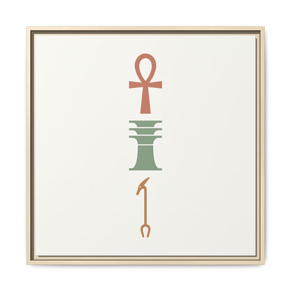 Egyptian Ankh trinity canvas hung above queen bed in calming Japandi minimalist bedroom